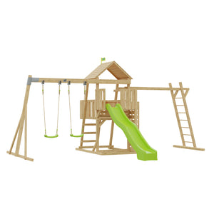 Kingswood wooden climbing frame with climbing bridge, 2 Roped swing seats & Super Wavy Slide - FSC<sup>&reg;</sup> certified