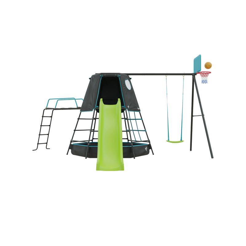 Explorer Metal Climbing Frame Black Edition, CrazyWavy Slide, Swing Arm, Jungle Run & Basketball Hoop