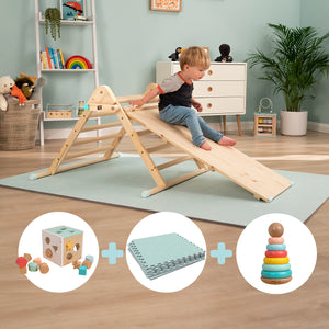 The Engineers Play pack: TP Active-Tots Pikler Style Wooden Climbing Triangle & Slide with Safety Play Mats, Owl & Fox Topple Tower and Owl & Fox Shape Sorter