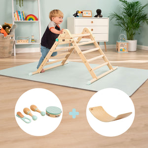 The Adventurer Play Pack: TP Active-Tots Pikler Style Wooden Climbing Triangle with Active-Tots Balance Board and Owl & Fox Musical Instrument Assortment