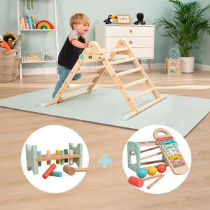 The Energetic Play Pack: TP Active-Tots Pikler Style Wooden Climbing Triangle with Owl & Fox Hammer Bench and Owl & Fox Xylophone