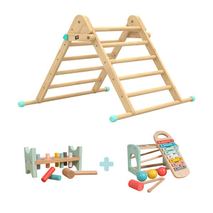 The Energetic Play Pack: TP Active-Tots Pikler Style Wooden Climbing Triangle with Owl & Fox Hammer Bench and Owl & Fox Xylophone