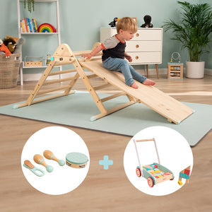 The Imagination Play Pack: TP Active-Tots Pikler Style Wooden Climbing Triangle & Slide with Owl & Fox Baby Walker and Owl & Fox Musical Instrument Assortment