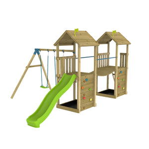 TP Skywood Wooden Play Tower with Ripple Slide, Sky Bridge, Additional Play Tower & Double Swing Arm - FSC<sup>&reg;</sup> certified